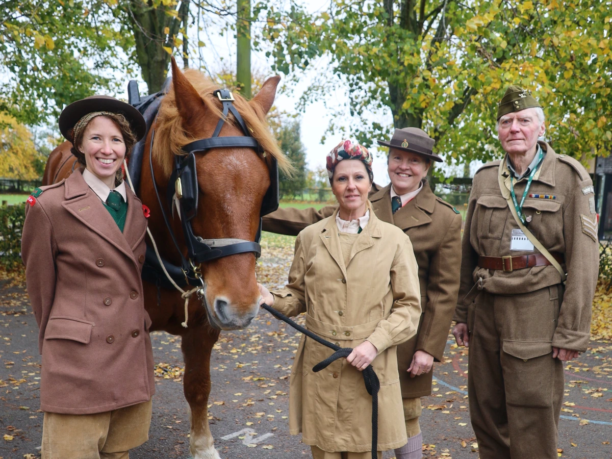 Suffolk Punch horse visits local primary school for Remembrance Day with Women’s Land Army Memorial Trust.
